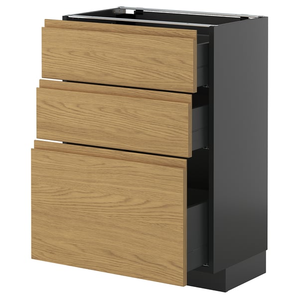 METOD / KNIVSHULT - METOD / KNIVSHULT Base cabinet with 3 drawers, black-grey/Voxtorp oak effect, 60x37 cm