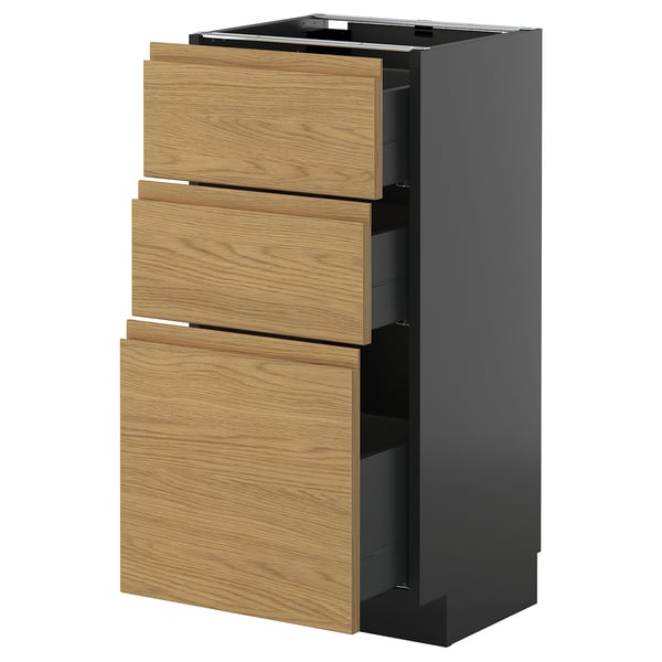 METOD / KNIVSHULT - METOD / KNIVSHULT Base cabinet with 3 drawers, black-grey/Voxtorp oak effect, 40x37 cm
