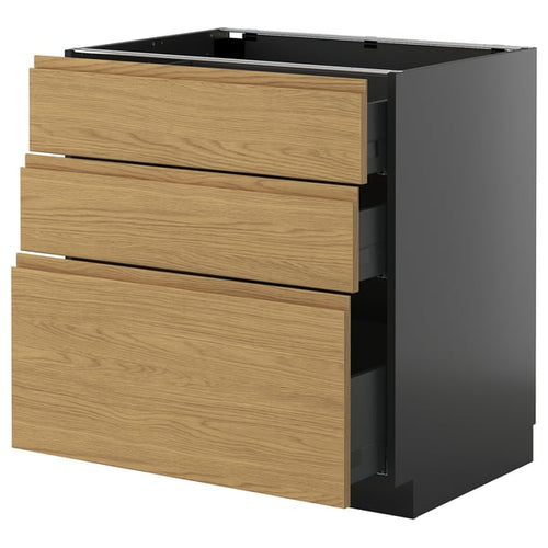 METOD / KNIVSHULT - METOD / KNIVSHULT Base cabinet with 3 drawers, black-grey/Voxtorp oak effect, 80x60 cm