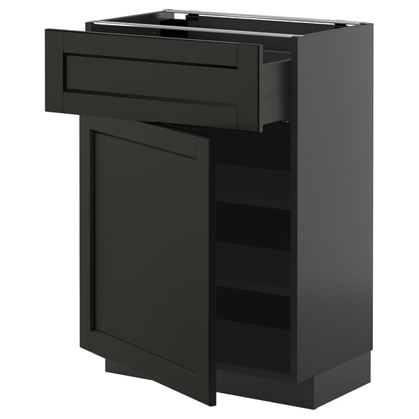 METOD / KNIVSHULT base cabinet with drawer/door, black-grey/Lerhyttan black stained, 60x37 cm