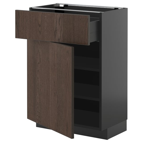 METOD / KNIVSHULT base cabinet with drawer/door, black-grey/Sinarp brown, 60x37 cm
