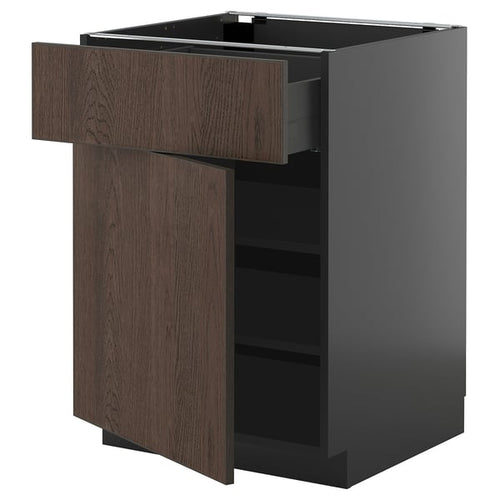 METOD / KNIVSHULT - METOD / KNIVSHULT Base cabinet with drawer/door, black-grey/Sinarp brown, 60x60 cm