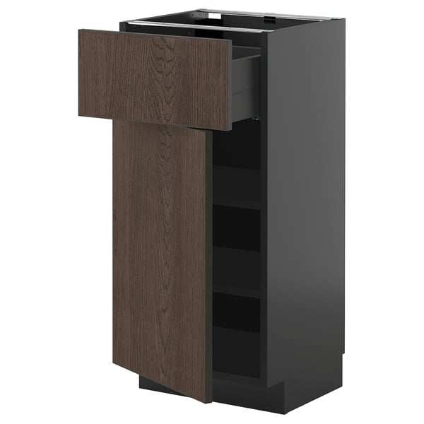 METOD / KNIVSHULT base cabinet with drawer/door, black-grey/Sinarp brown, 40x37 cm