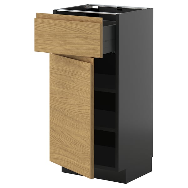 METOD / KNIVSHULT base cabinet with drawer/door, black-grey/Voxtorp oak effect, 40x37 cm