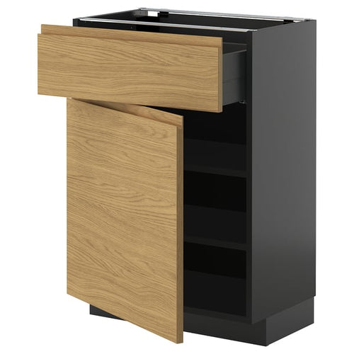 METOD / KNIVSHULT - METOD / KNIVSHULT Base cabinet with drawer/door, black-grey/Voxtorp oak effect, 60x37 cm