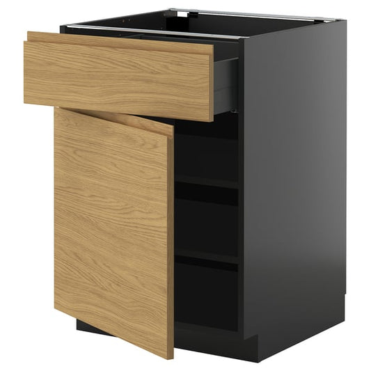 METOD / KNIVSHULT - METOD / KNIVSHULT Base cabinet with drawer/door, black-grey/Voxtorp oak effect, 60x60 cm