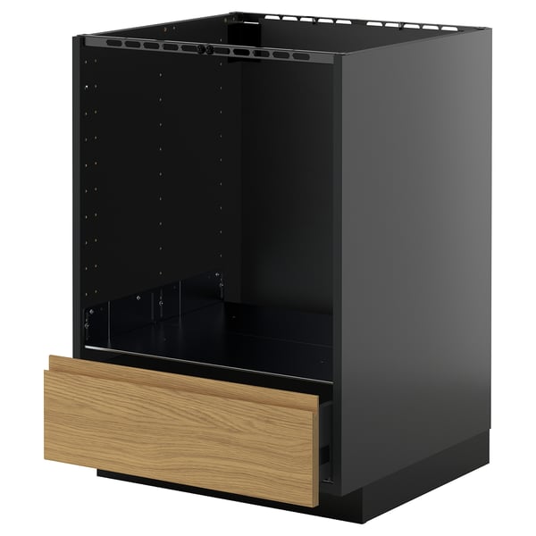 METOD / KNIVSHULT base cabinet for oven with drawer, black-grey/Voxtorp oak effect, 60x60 cm