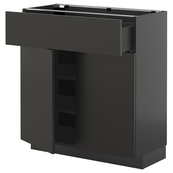 METOD / KNIVSHULT - METOD / KNIVSHULT Base cabinet with drawer/2 doors, black-grey/Nickebo matt anthracite, 80x37 cm