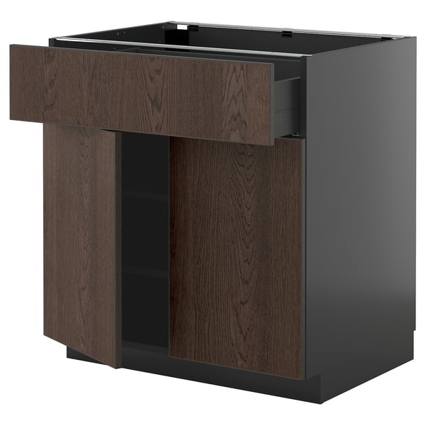 METOD / KNIVSHULT base cabinet with drawer/2 doors, black-grey/Sinarp brown, 80x60 cm