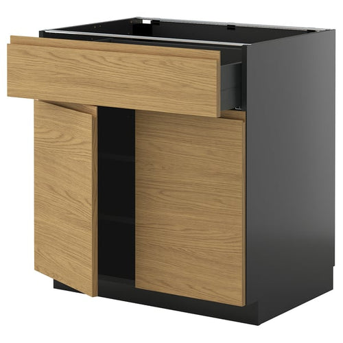 METOD / KNIVSHULT - METOD / KNIVSHULT Base cabinet with drawer/2 doors, black-grey/Voxtorp oak effect, 80x60 cm