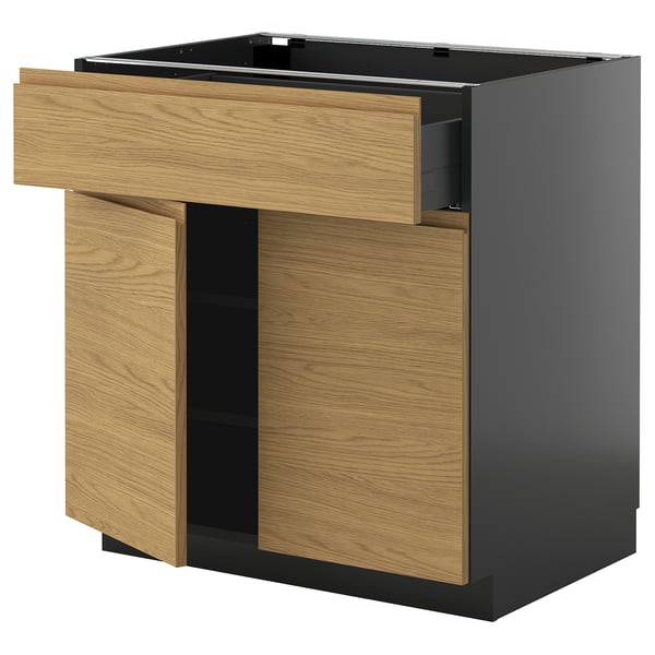 METOD / KNIVSHULT - METOD / KNIVSHULT Base cabinet with drawer/2 doors, black-grey/Voxtorp oak effect, 80x60 cm