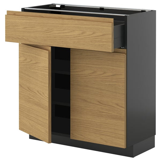 METOD / KNIVSHULT - METOD / KNIVSHULT Base cabinet with drawer/2 doors, black-grey/Voxtorp oak effect, 80x37 cm
