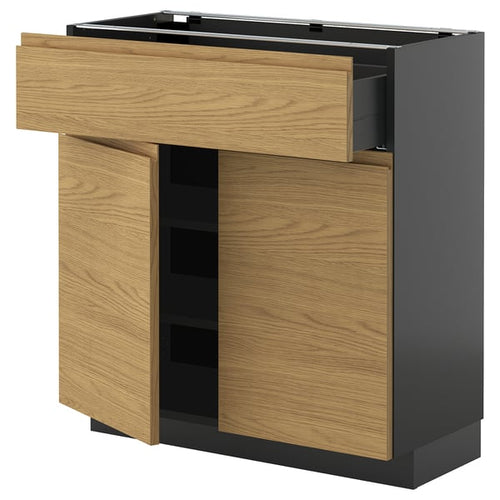 METOD / KNIVSHULT - METOD / KNIVSHULT Base cabinet with drawer/2 doors, black-grey/Voxtorp oak effect, 80x37 cm