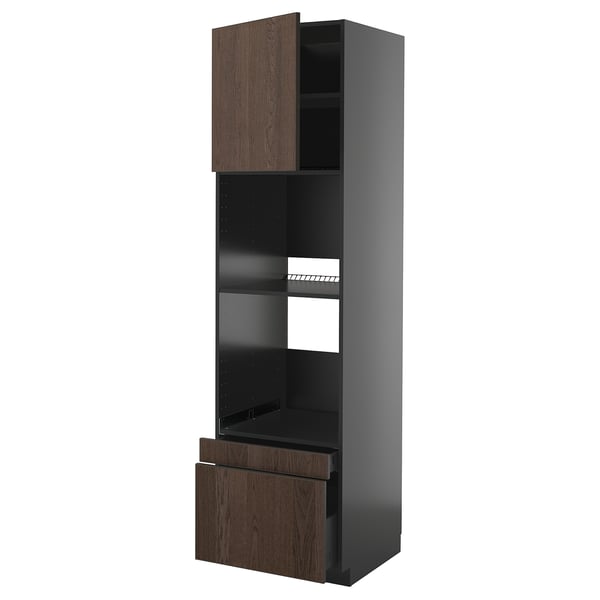 METOD / KNIVSHULT hi cab f ov/combi ov w dr/2 drwrs, black-grey/Sinarp brown, 60x60x220 cm