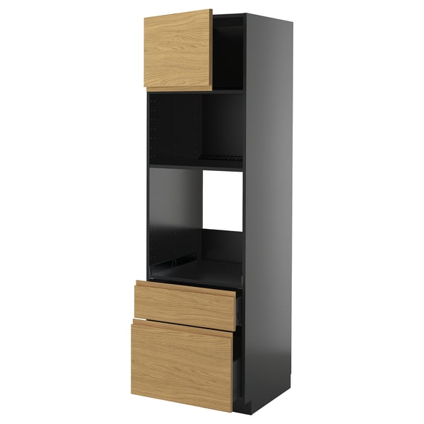 METOD / KNIVSHULT high cabinet f built-in appliances, black-grey/Voxtorp oak effect, 60x60x200 cm