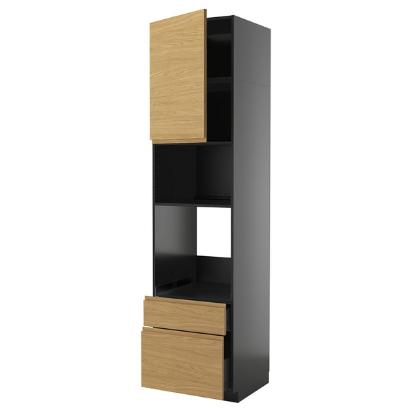 METOD / KNIVSHULT Oven cabinet/microwave/anta/2cassette, black-grey/Voxtorp oak effect, 60x60x240 cm