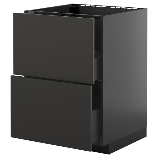 METOD / KNIVSHULT base cab f sink+2 fronts/2 drawers, black-grey/Nickebo matt anthracite, 60x60 cm