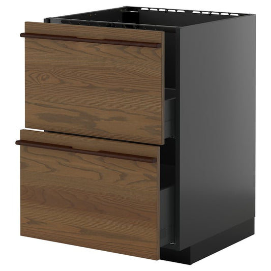 METOD / KNIVSHULT - METOD / KNIVSHULT Base cab f sink+2 fronts/2 drawers, black-grey/Stensta dark brown ash veneer, 60x60 cm