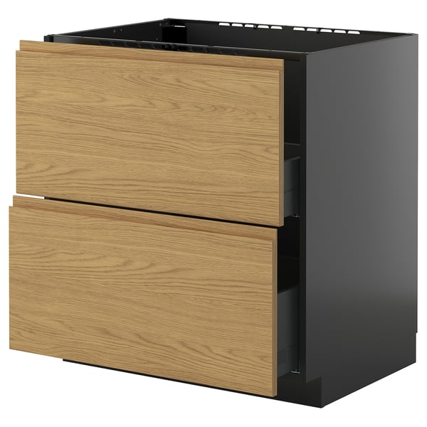 METOD / KNIVSHULT base cab f sink+2 fronts/2 drawers, black-grey/Voxtorp oak effect, 80x60 cm