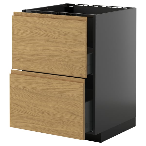 METOD / KNIVSHULT base cab f sink+2 fronts/2 drawers, black-grey/Voxtorp oak effect, 60x60 cm