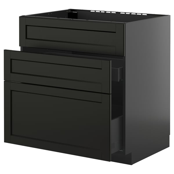 METOD / KNIVSHULT base cab f sink+3 fronts/2 drawers, black-grey/Lerhyttan black stained, 80x60 cm