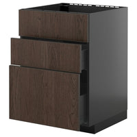 METOD / KNIVSHULT base cab f sink+3 fronts/2 drawers, black-grey/Sinarp brown, 60x60 cm