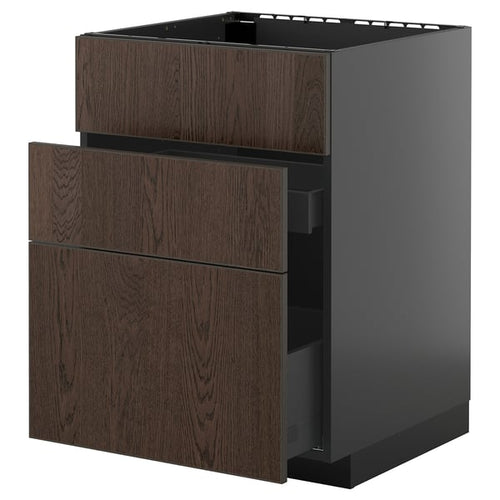 METOD / KNIVSHULT base cab f sink+3 fronts/2 drawers, black-grey/Sinarp brown, 60x60 cm