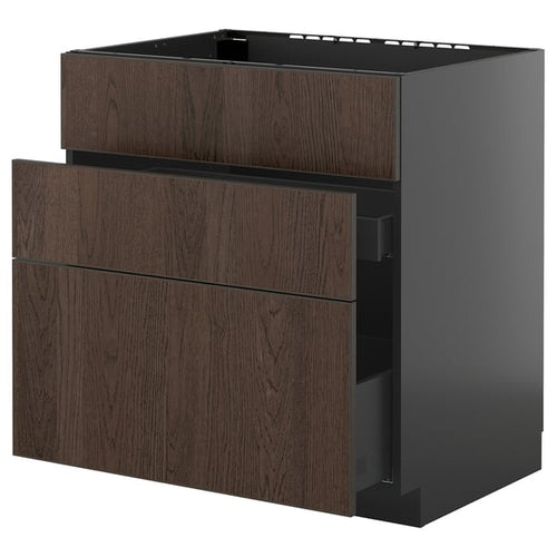 METOD / KNIVSHULT base cab f sink+3 fronts/2 drawers, black-grey/Sinarp brown, 80x60 cm