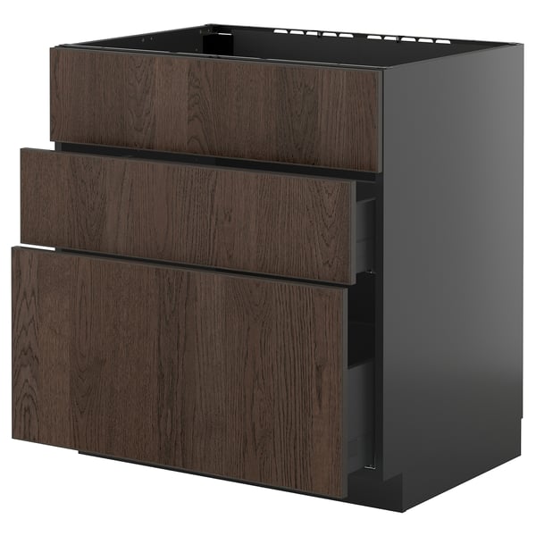 METOD / KNIVSHULT base cab f sink+3 fronts/2 drawers, black-grey/Sinarp brown, 80x60 cm