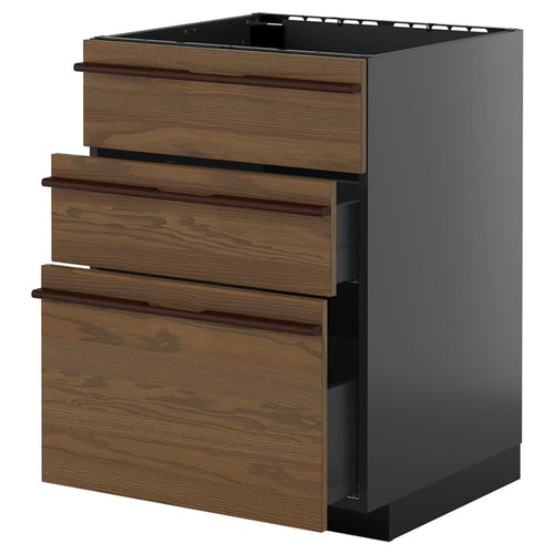 METOD / KNIVSHULT - METOD / KNIVSHULT Base cab f sink+3 fronts/2 drawers, black-grey/Stensta dark brown ash veneer, 60x60 cm
