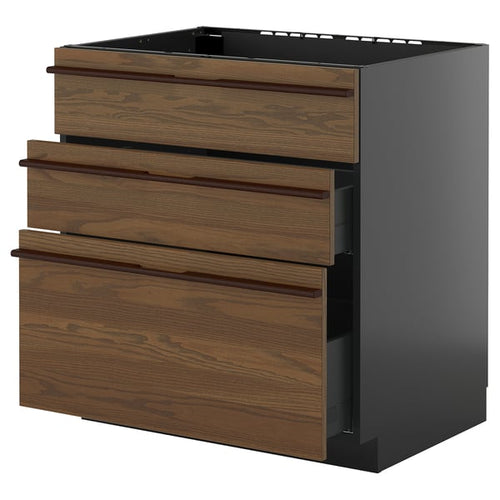 METOD / KNIVSHULT - METOD / KNIVSHULT Base cab f sink+3 fronts/2 drawers, black-grey/Stensta dark brown ash veneer, 80x60 cm