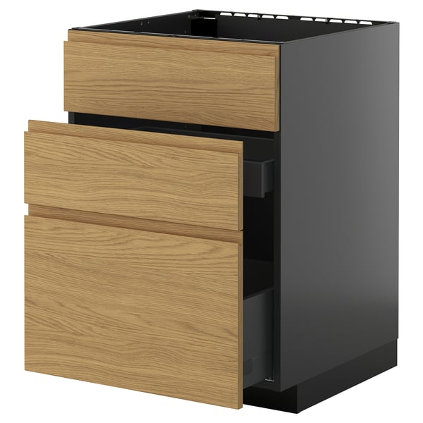 METOD / KNIVSHULT base cab f sink+3 fronts/2 drawers, black-grey/Voxtorp oak effect, 60x60 cm