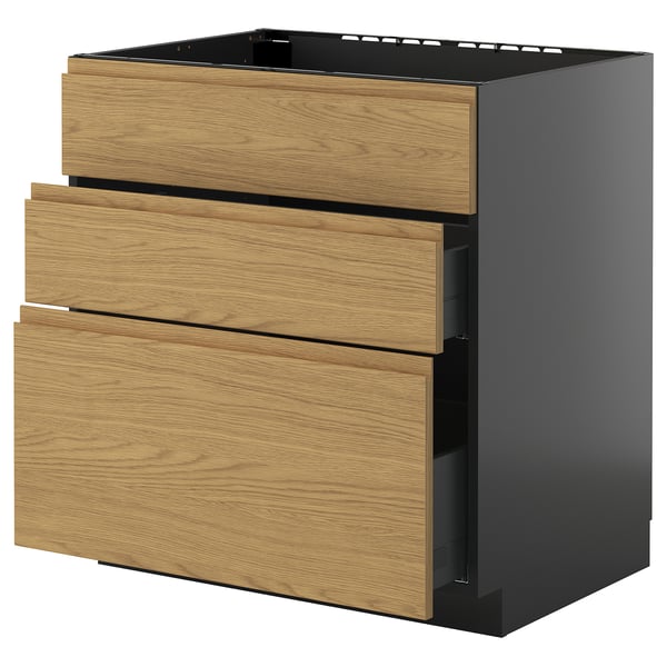 METOD / KNIVSHULT base cab f sink+3 fronts/2 drawers, black-grey/Voxtorp oak effect, 80x60 cm