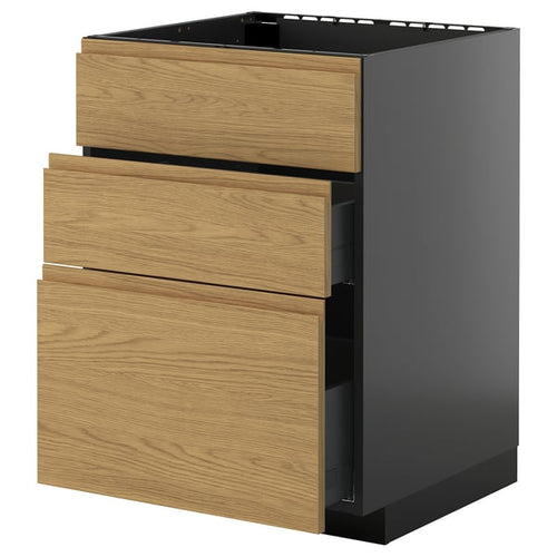 METOD / KNIVSHULT - METOD / KNIVSHULT Base cab f sink+3 fronts/2 drawers, black-grey/Voxtorp oak effect, 60x60 cm