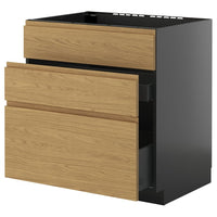 METOD / KNIVSHULT base cab f sink+3 fronts/2 drawers, black-grey/Voxtorp oak effect, 80x60 cm