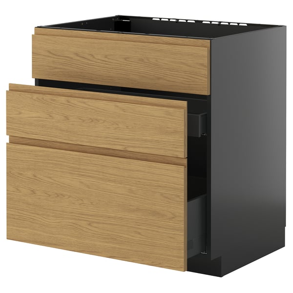METOD / KNIVSHULT base cab f sink+3 fronts/2 drawers, black-grey/Voxtorp oak effect, 80x60 cm