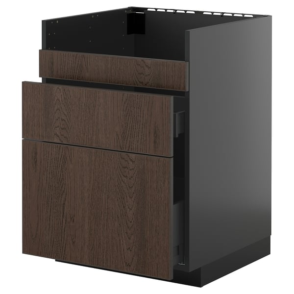 METOD / KNIVSHULT HAVSEN/3front/2cass sink cabinet, black-grey/Sinarp brown, 60x60 cm