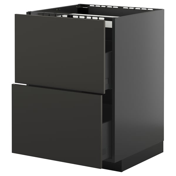 METOD / KNIVSHULT base cab f hob/2 fronts/2 drawers, black-grey/Nickebo matt anthracite, 60x60 cm