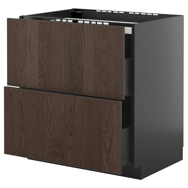 METOD / KNIVSHULT base cab f hob/2 fronts/2 drawers, black-grey/Sinarp brown, 80x60 cm