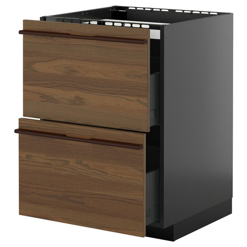 METOD / KNIVSHULT - METOD / KNIVSHULT Base cab f hob/2 fronts/2 drawers, black-grey/Stensta dark brown ash veneer, 60x60 cm