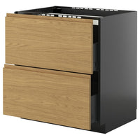 METOD / KNIVSHULT base cab f hob/2 fronts/2 drawers, black-grey/Voxtorp oak effect, 80x60 cm