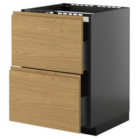 METOD / KNIVSHULT base cab f hob/2 fronts/2 drawers, black-grey/Voxtorp oak effect, 60x60 cm