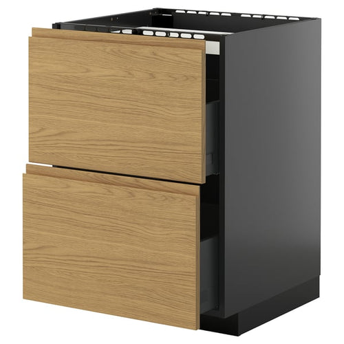 METOD / KNIVSHULT - METOD / KNIVSHULT Base cab f hob/2 fronts/2 drawers, black-grey/Voxtorp oak effect, 60x60 cm