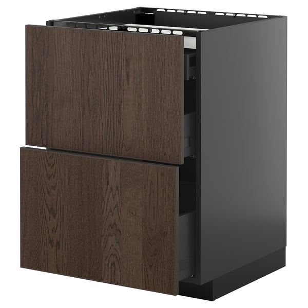 METOD / KNIVSHULT - METOD / KNIVSHULT Base cab f hob/2 fronts/3 drawers, black-grey/Sinarp brown, 60x60 cm