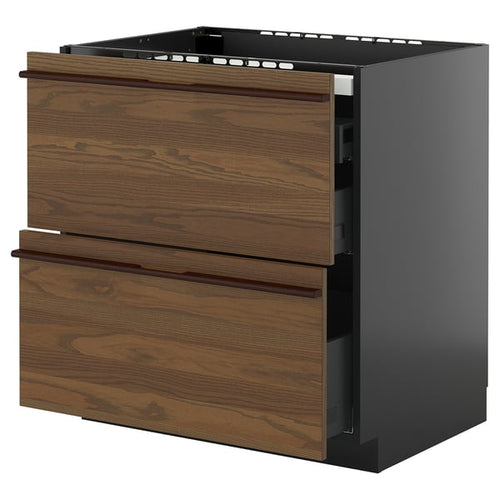 METOD / KNIVSHULT - METOD / KNIVSHULT Base cab f hob/2 fronts/3 drawers, black-grey/Stensta dark brown ash veneer, 80x60 cm