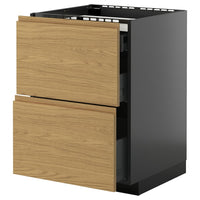 METOD / KNIVSHULT base cab f hob/2 fronts/3 drawers, black-grey/Voxtorp oak effect, 60x60 cm