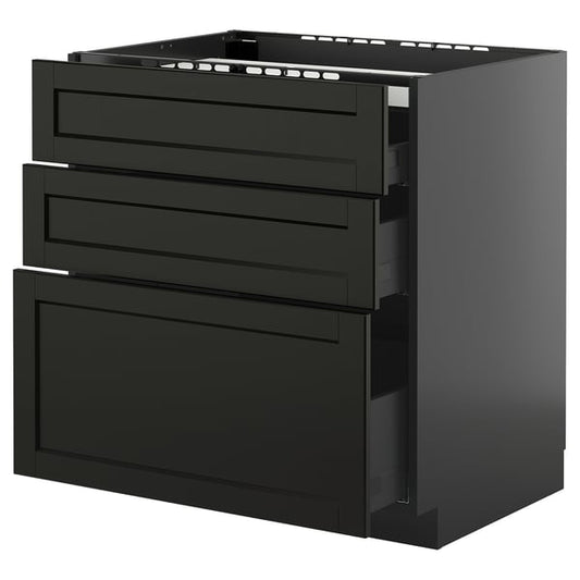 METOD / KNIVSHULT - METOD / KNIVSHULT Base cab f hob/3 fronts/3 drawers, black-grey/Lerhyttan black stained, 80x60 cm