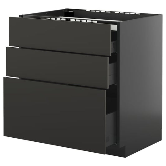 METOD / KNIVSHULT - METOD / KNIVSHULT Base cab f hob/3 fronts/3 drawers, black-grey/Nickebo matt anthracite, 80x60 cm