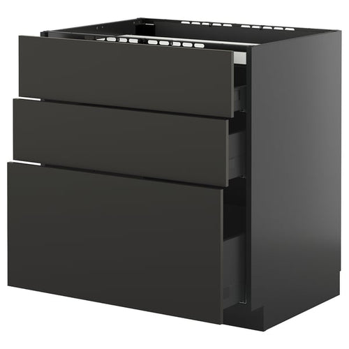 METOD / KNIVSHULT - METOD / KNIVSHULT Base cab f hob/3 fronts/3 drawers, black-grey/Nickebo matt anthracite, 80x60 cm