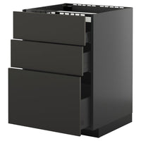 METOD / KNIVSHULT base cab f hob/3 fronts/3 drawers, black-grey/Nickebo matt anthracite, 60x60 cm